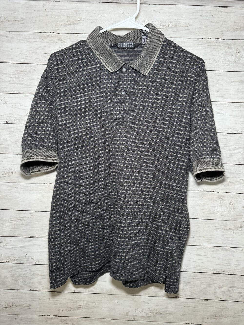 Vintage Knightsbridge Men’s L Polo Shirt Gray Black Pattern Grandpacore 90s EUC
